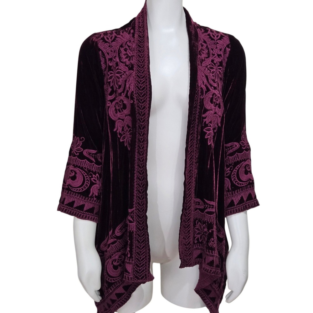 Johnny Was Hirsch Velvet Cardigan Sz Small Plum Embroidered Silk Blend J44618-9